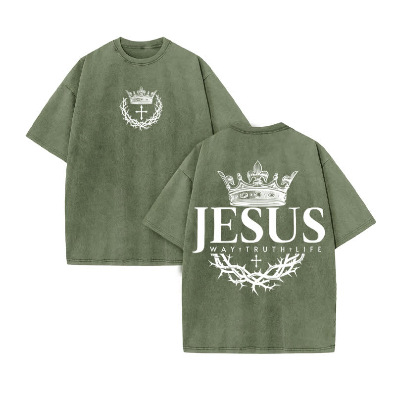 Unisex 100% Cotton Jesus The Way Thet Ruth The Life Print Acid Washed T-shirt - Army Green - US20-22(3XL) - image 6