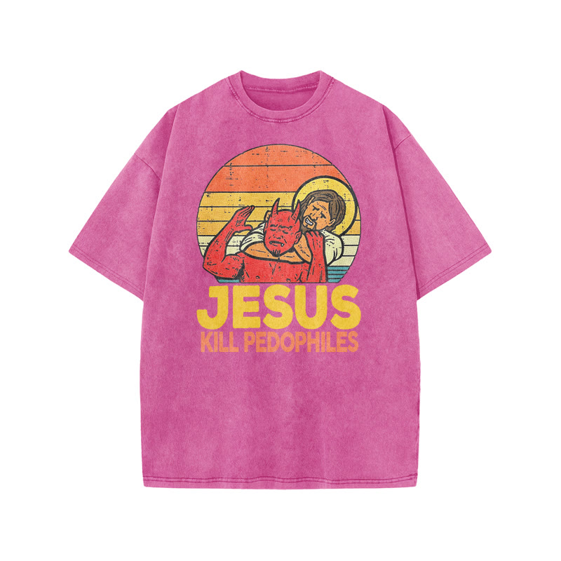 Jesus Kill Pedophiles Print Acid Washed T-shirt - Pink - US20-22(3XL) - image 9