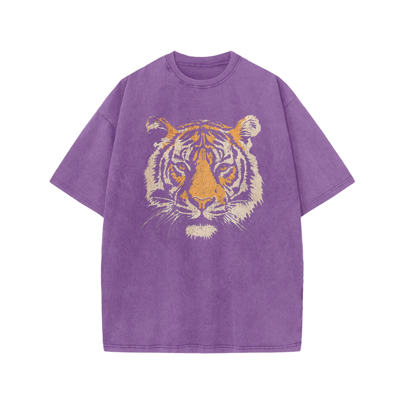 Vintage Tiger Head Round Neck Graphic Print Acid Washed T-Shirt - Purple - US20-22(3XL) - image 4