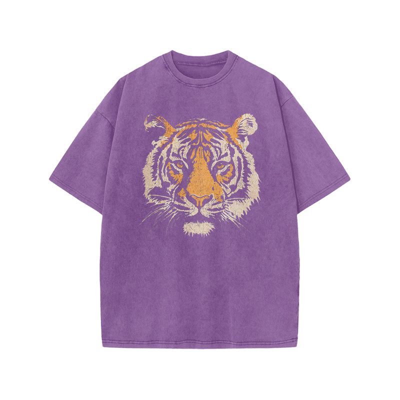Vintage Tiger Head Round Neck Graphic Print Acid Washed T-Shirt - Purple - US20-22(3XL) - image 4