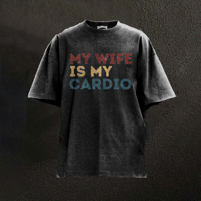 100% Cotton My Wife Is My Cardio Printed Washed Gym T-shirt - Black - 2XL - image 5
