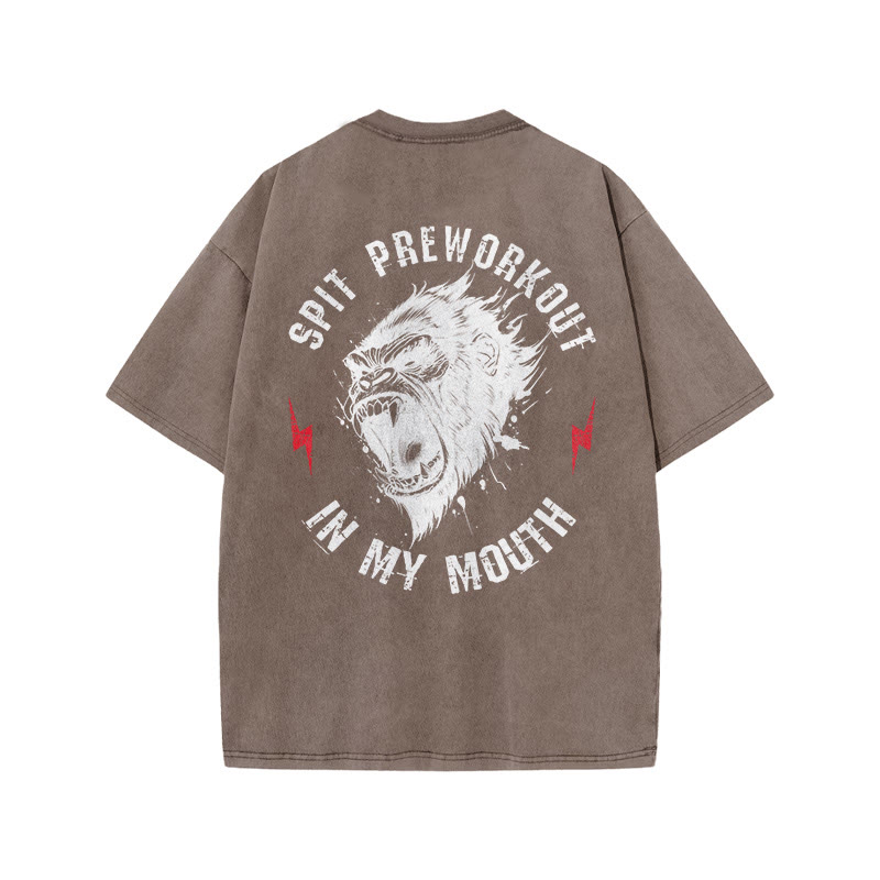 100% Cotton Spit Preworkout In My Mouth Gym Print Acid Washed T-shirt - Coffee - US20-22(3XL) - image 7