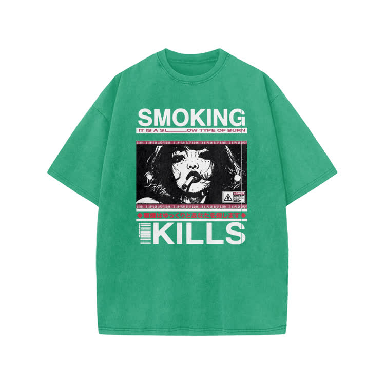 Smoking Kills Retro Manga Style Graphic Print Acid Washed T-Shirt - Green - US20-22(3XL) - image 7