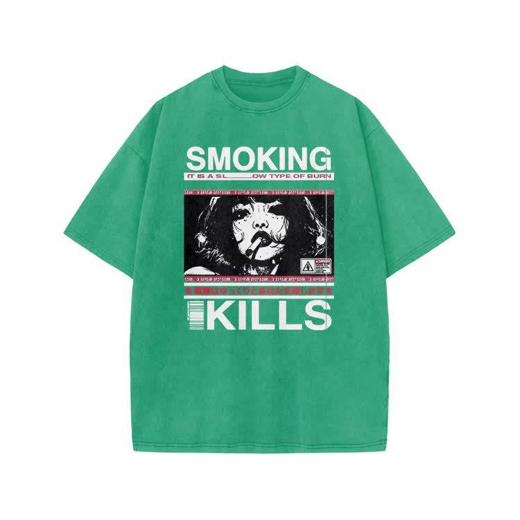 Smoking Kills Retro Manga Style Graphic Print Acid Washed T-Shirt - Green - US20-22(3XL) - image 7