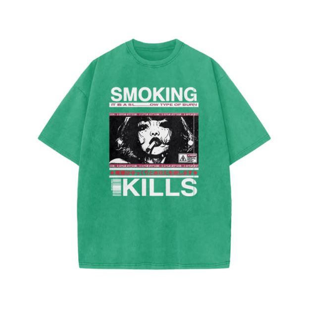 Smoking Kills Retro Manga Style Graphic Print Acid Washed T-Shirt - Green - US20-22(3XL) - image 7