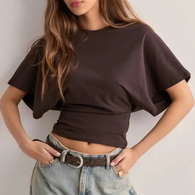 Solid Color Crew Neck Short Sleeve Waist Cinched T-shirt - Coffee - 3XL - image 4