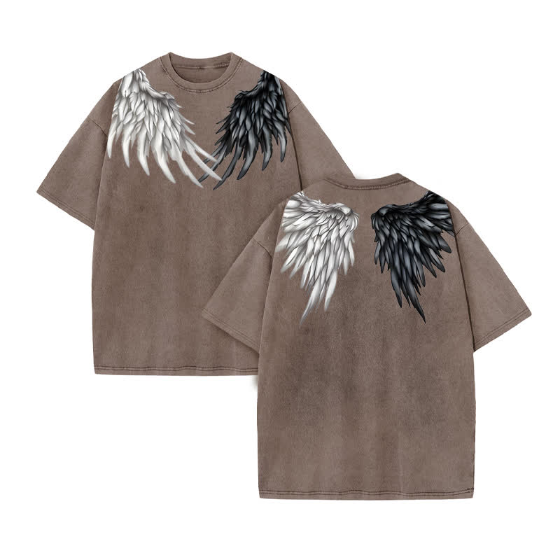 Unisex 100% Cotton Wings Of Faith Print Acid Washed T-shirt - Coffee - US20-22(3XL) - image 3
