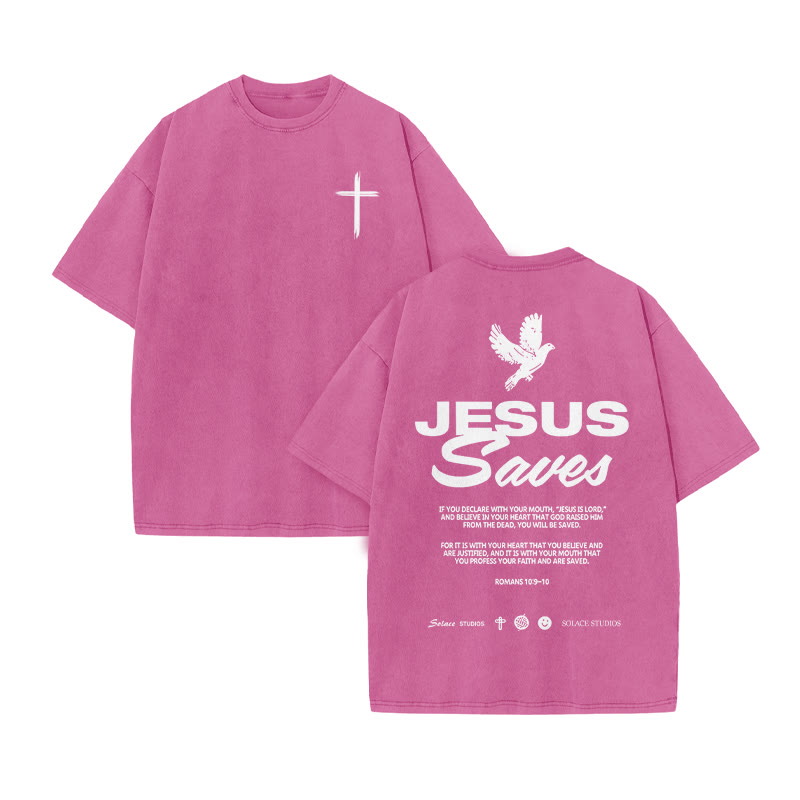 Unisex 100% Cotton Jesus Saves Cross Print Acid Washed T-shirt - Pink - US20-22(3XL) - image 6