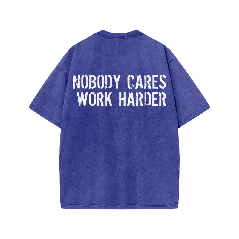 100% Cotton Nobody Cares Work Harder Gym Print Acid Washed T-shirt - Blue - US20-22(3XL) - image 8