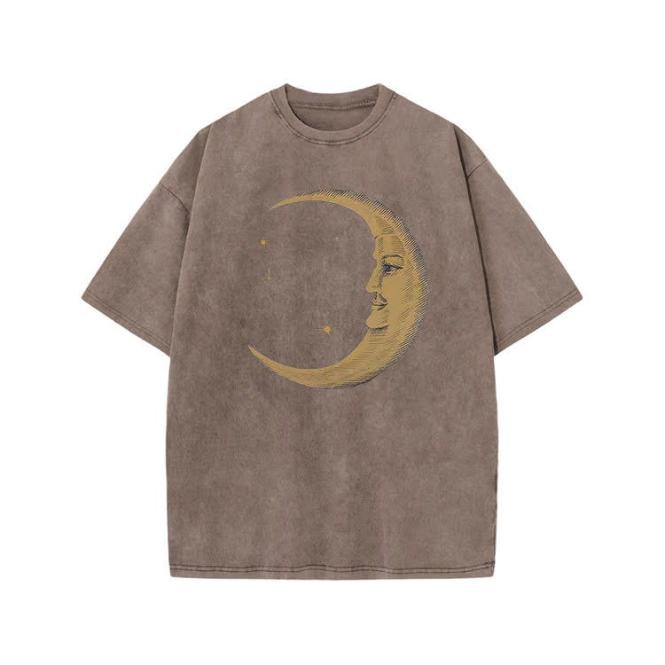 Vintage Moon Face Print Acid Washed T-shirt - Coffee - US20-22(3XL) - image 8