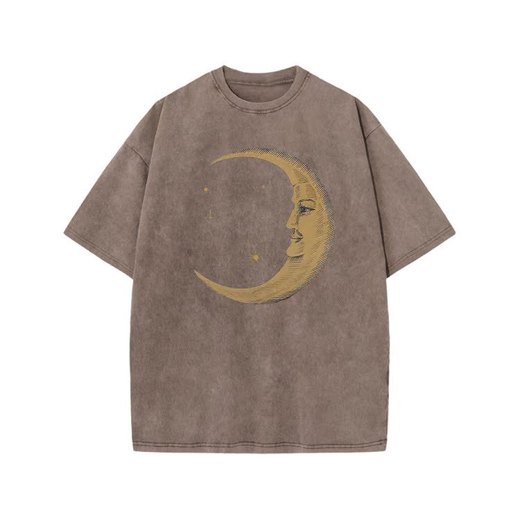 Vintage Moon Face Print Acid Washed T-shirt - Coffee - US20-22(3XL) - image 8
