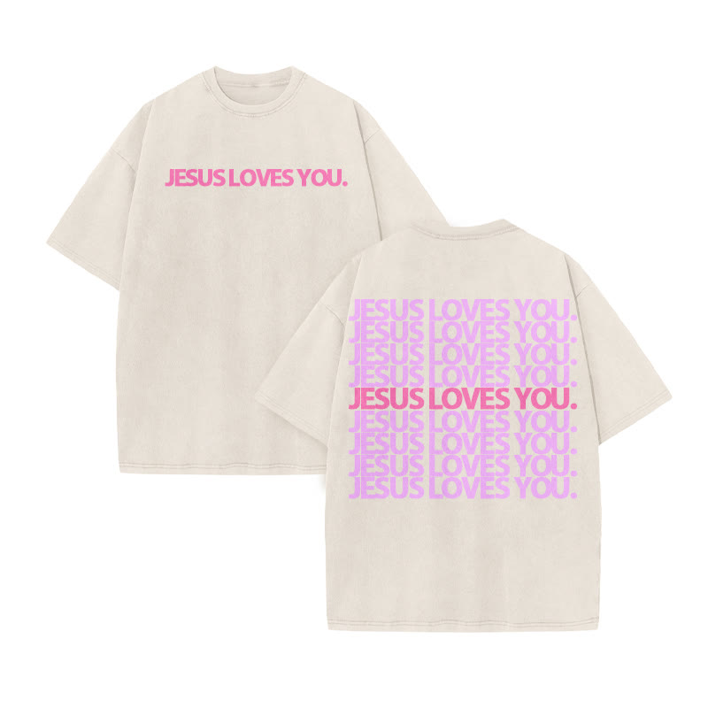 Jesus Loves You Color-blocking Print Acid Washed T-shirt - Beige - US20-22(3XL) - image 5
