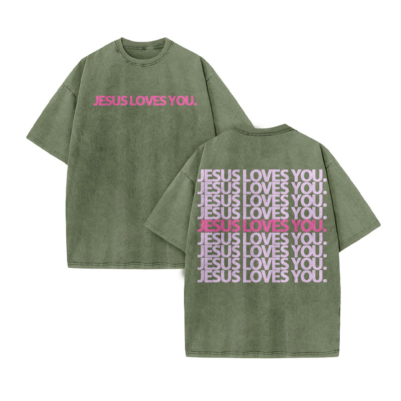 Jesus Loves You Color-blocking Print Acid Washed T-shirt - Army Green - US20-22(3XL) - image 10