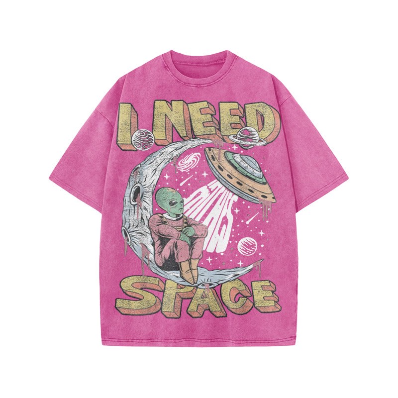 Unisex 100% Cotton I Need Space Creative Print Acid Washed T-shirt - Pink - US20-22(3XL) - image 9