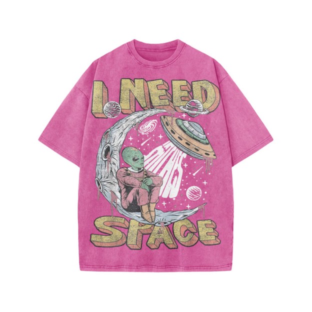 Unisex 100% Cotton I Need Space Creative Print Acid Washed T-shirt - Pink - US20-22(3XL) - image 9