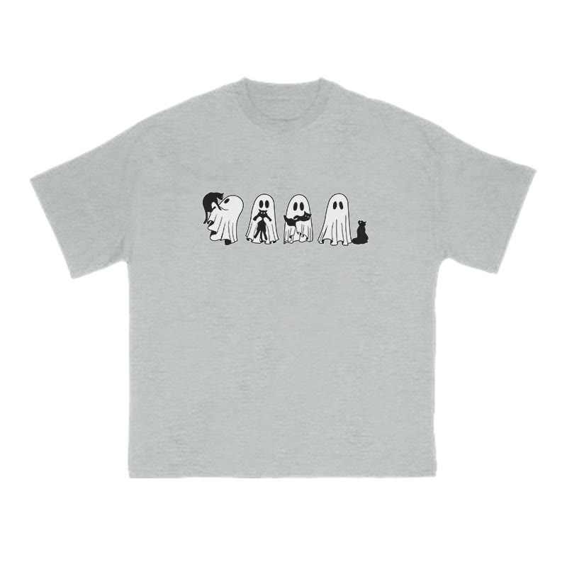 Unisex 100% Cotton Little Ghosts Playing With Cats Halloween Print T-shirt - Grey - US16-18(2XL) - image 4