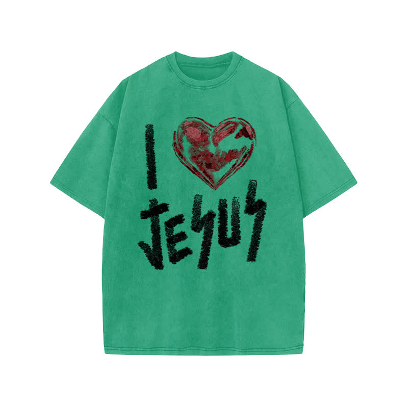 Unisex 100% Cotton I Love Jesus Print Acid Washed T-shirt - Green - US20-22(3XL) - image 6