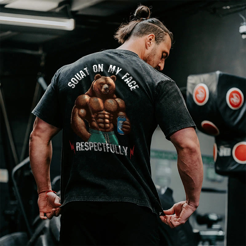 100% Cotton Squat On My Face Respectfully Gym Print Acid Washed T-shirt - image 3