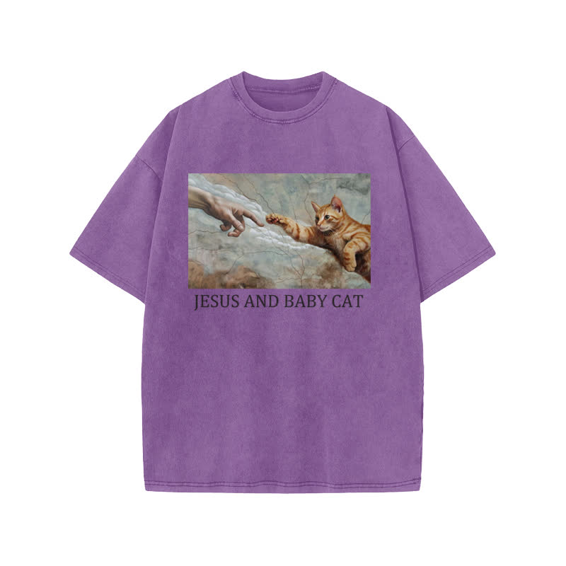 Unisex 100% Cotton Jesus And Baby Cat Print Acid Washed T-shirt - Purple - US20-22(3XL) - image 9