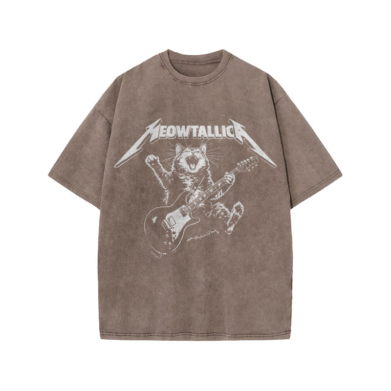 Unisex 100% Cotton Bassist Cat Print Acid Washed T-shirt - Coffee - US20-22(3XL) - image 3