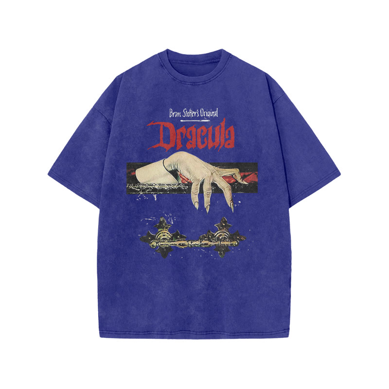 Unisex 100% Cotton Dracula Hand Print Acid Washed T-shirt - Blue - US20-22(3XL) - image 7