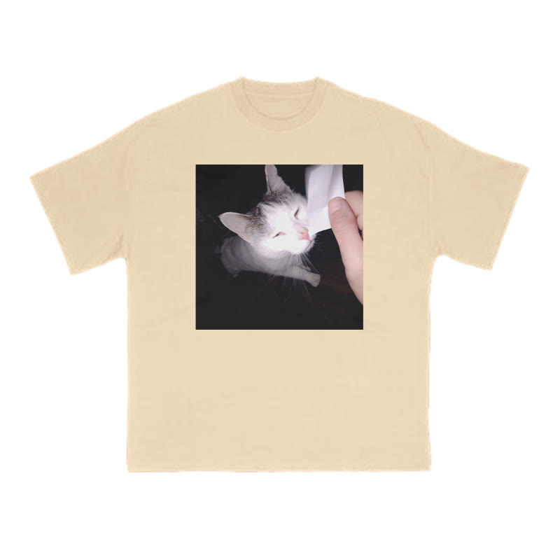 Unisex 100% Cotton Provocative Cat Print T-shirt - Apricot - US16-18(2XL) - image 5