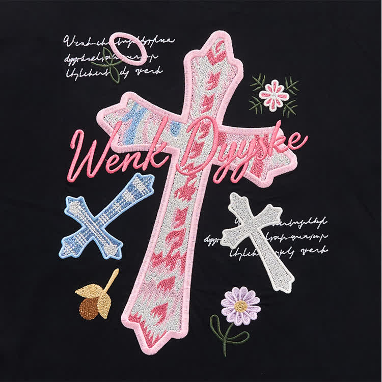 Casual Floral Script and cross Embroidered Round Neck T-Shirt - image 12