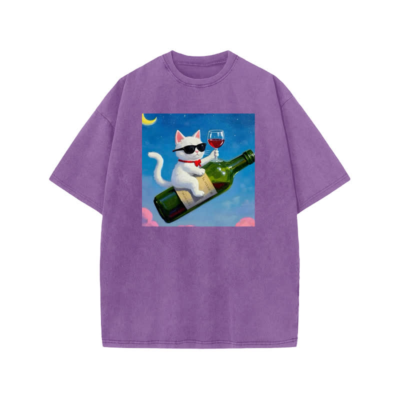 Unisex 100% Cotton Noble And Elegant Cat Print Acid Washed T-shirt - Purple - US20-22(3XL) - image 9