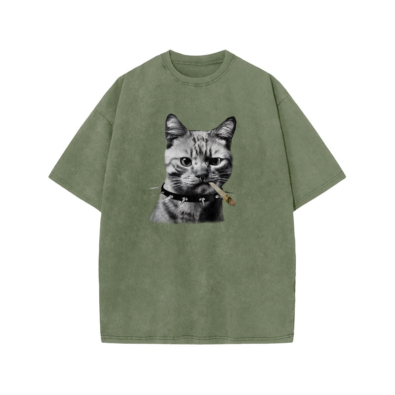Unisex 100% Cotton Provoking The Cat Print Acid Washed T-shirt - Army Green - US20-22(3XL) - image 5