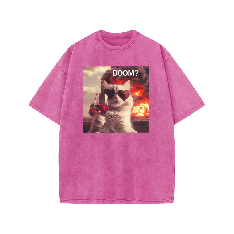 Unisex 100% Cotton Elegant And Calm Cat Print Acid Washed T-shirt - Pink - US20-22(3XL) - image 7