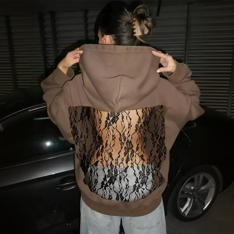 Solid Color Hollow Lace Splicing Long-sleeved Hoodie - Brown - US16-18(2XL) - image 3