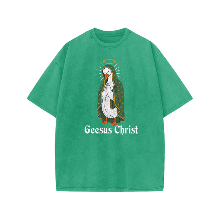 Geesus Christ Halo Goose Graphic Print Acid Washed T-shirt - Green - US20-22(3XL) - image 9