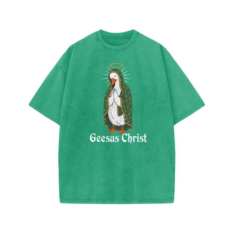 Geesus Christ Halo Goose Graphic Print Acid Washed T-shirt - Green - US20-22(3XL) - image 9