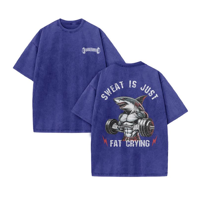 100% Cotton Sweat Is Just Fat Crying Gym Print Acid Washed T-shirt - Blue - US20-22(3XL) - image 9