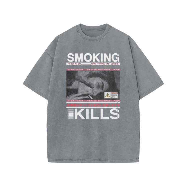 Smoking Kills Retro Manga Style Men Graphic Print Acid Washed T-Shirt - Grey - US20-22(3XL) - image 5