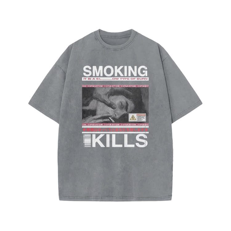 Smoking Kills Retro Manga Style Men Graphic Print Acid Washed T-Shirt - Grey - US20-22(3XL) - image 5