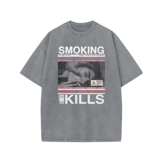 Smoking Kills Retro Manga Style Men Graphic Print Acid Washed T-Shirt - Grey - US20-22(3XL) - image 5