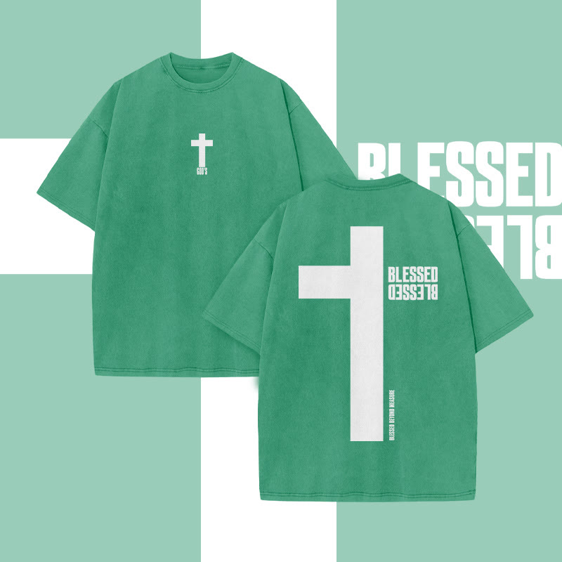 Reflective Blessed Cross Print Acid Washed T-shirt