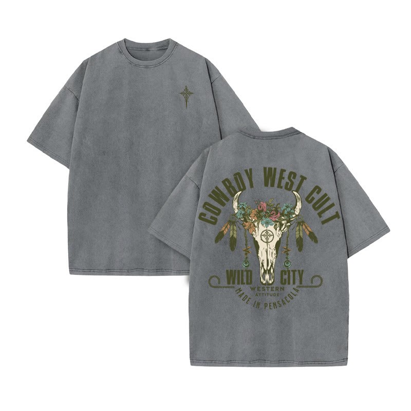 Unisex 100% Cotton COWBOY WEST CULT Western Style Print Acid Washed T-shirt