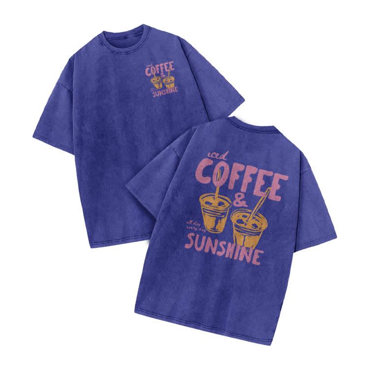 Vintage Coffee Sunshine Print Acid Washed T-Shirt - Blue - US20-22(3XL) - image 8