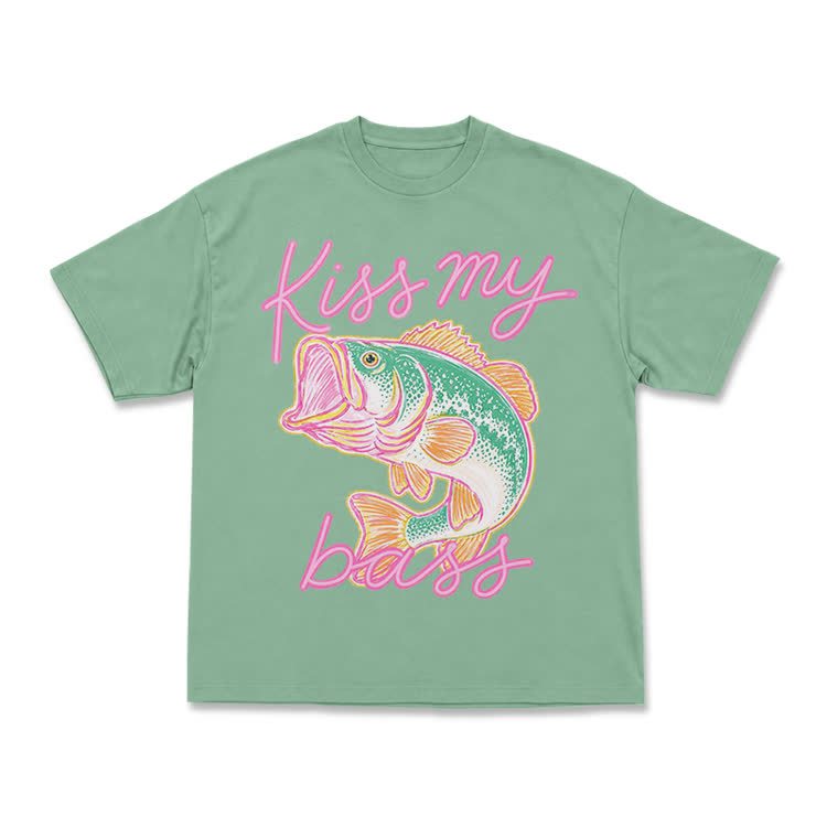 Casual Kiss My Bass Fish Graphic T-Shirt - Light Green - US16-18(2XL) - image 7