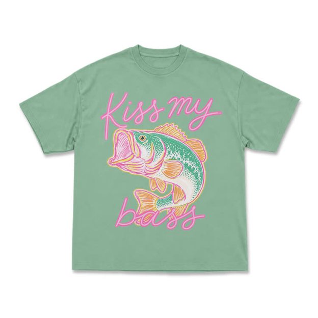 Casual Kiss My Bass Fish Graphic T-Shirt - Light Green - US16-18(2XL) - image 7