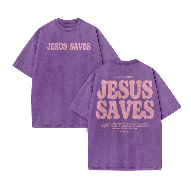 Unisex 100% Cotton Jesus Saves Print Acid Washed T-shirt