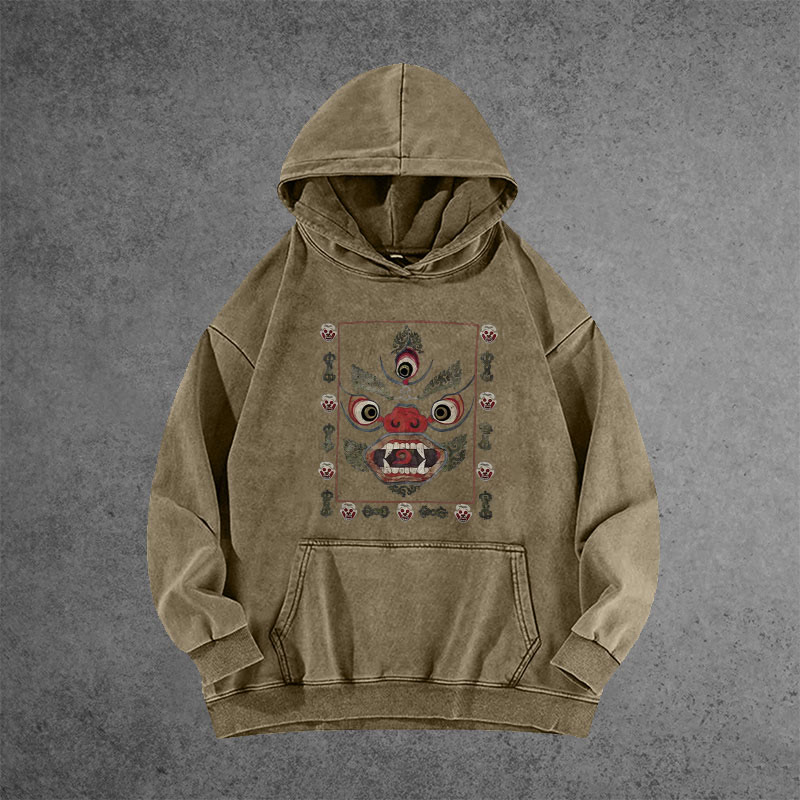 Unisex 100% Cotton Tibetan Mahakala Japan Art Vintage Printed Washed Hoodie 