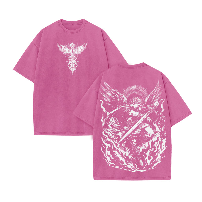 The Angel Is Surrounded By Flame Print Acid Washed T-shirt - Pink - US20-22(3XL) - image 9