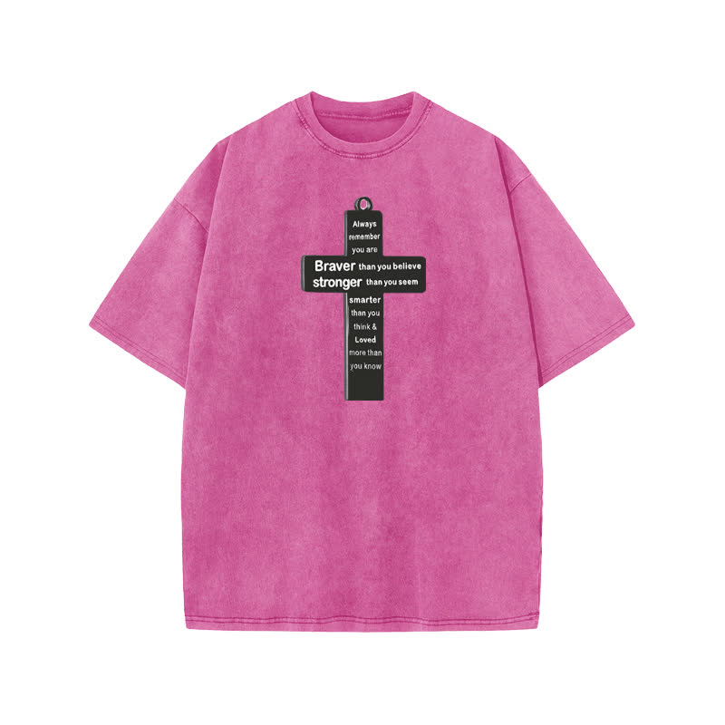 Unisex 100% Cotton Cross Necklace Print Acid Washed T-shirt - Pink - US20-22(3XL) - image 7