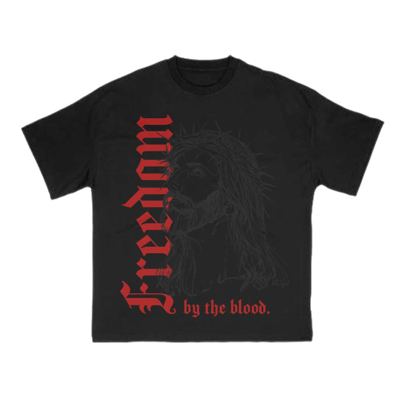 Unisex 100% Cotton Freedom By The Blood Print T-shirt - Black - US16-18(2XL) - image 7