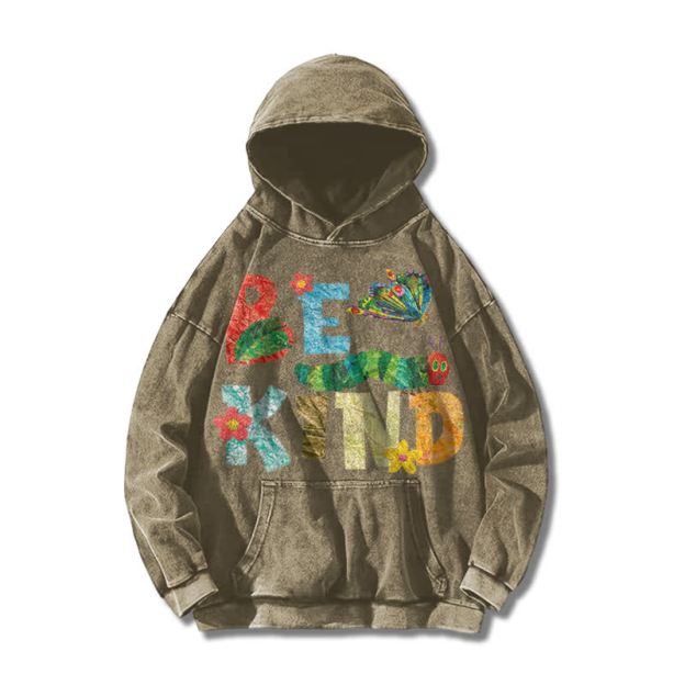 Casual Be Kind Graphic Print Acid Washed Hoodie - Khaki - US16-18(2XL) - image 4
