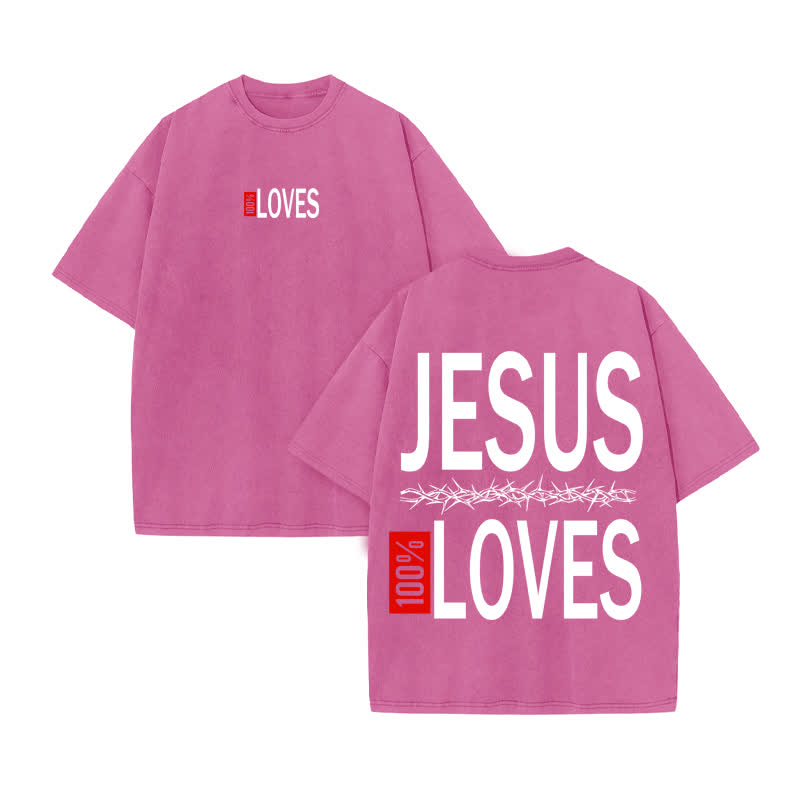 Unisex 100% Cotton Jesus 100% Loves Print Acid Washed T-shirt - Pink - US20-22(3XL) - image 8