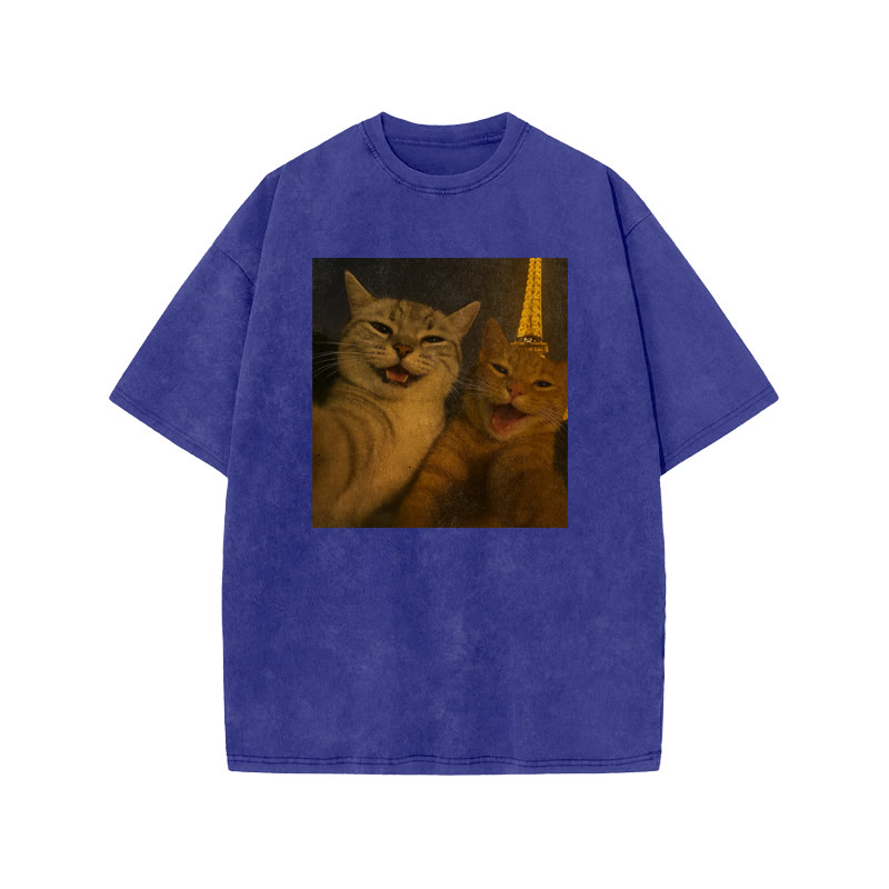 Unisex 100% Cotton Selfie Cat Print Acid Washed T-shirt - Blue - US20-22(3XL) - image 8